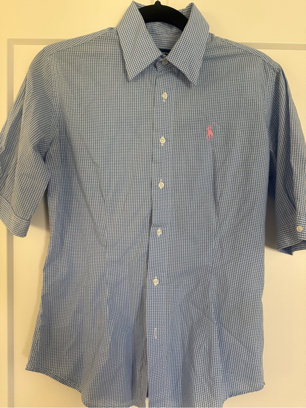 Ralph Lauren Blue Micro-Check Short Sleeve Button-Down Shirt with Pink Pony